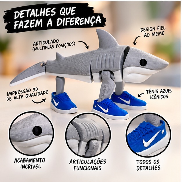 Tralalero Tralala Tubarão Tênis 14cm Impressão 3D Brainrot Meme - Imagem 3