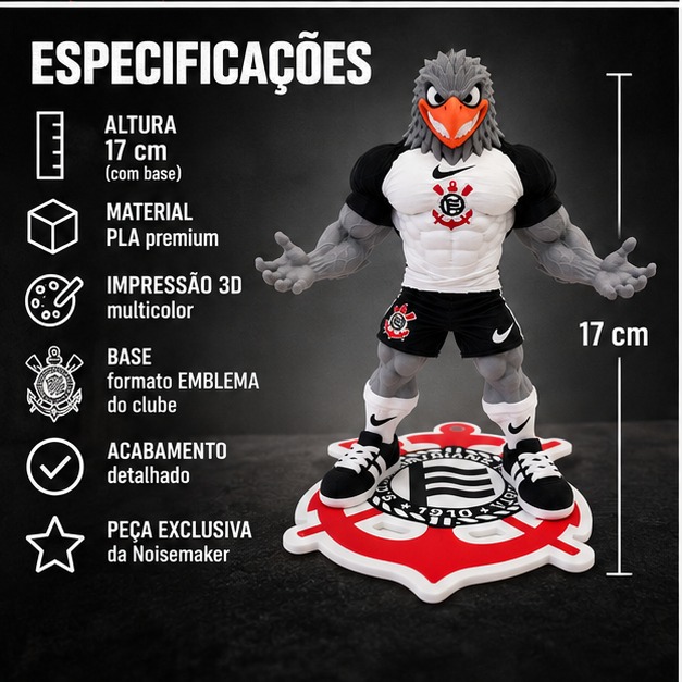Gavião Mascote Timão 17cm Base Escudo Impressão 3D Colecionável - Imagem 3