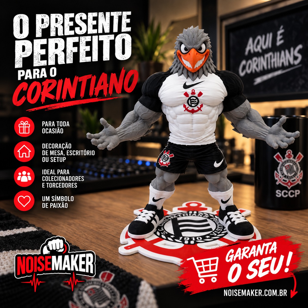 Gavião Mascote Timão 17cm Base Escudo Impressão 3D Colecionável - Imagem 4