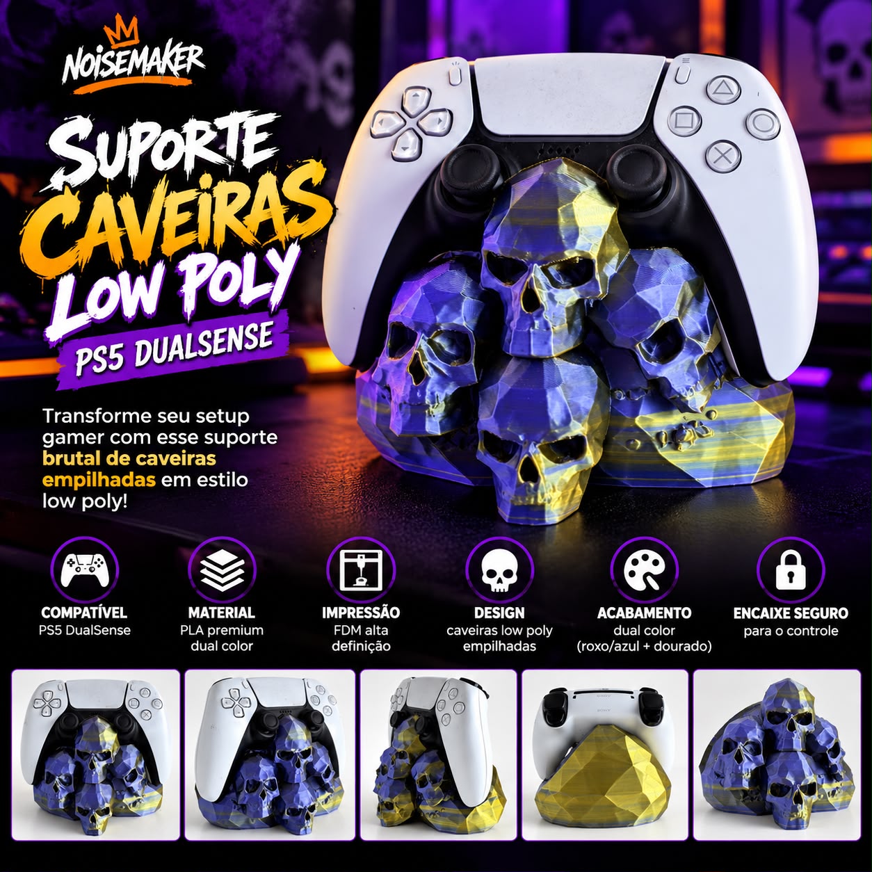 Suporte Controle PS5 Caveiras Dual Color Impressão 3D