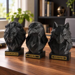 Kit 3 Bustos Low Poly Leão Lobo Águia 15cm Motivacional